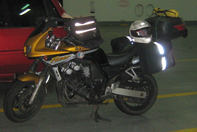yamaha fazer fzs 600 on the newhaven to dieppe ferry, loaded up with saddle bags and tank bag